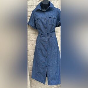 Stylish Blue Button-Up Dress with Belt
